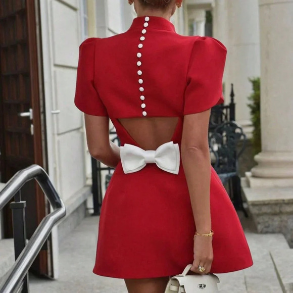 Dresses & Skirts - Red Elegant Women's Petal Sleeve Slim Fit Mini Shift Dress With Stand Collar